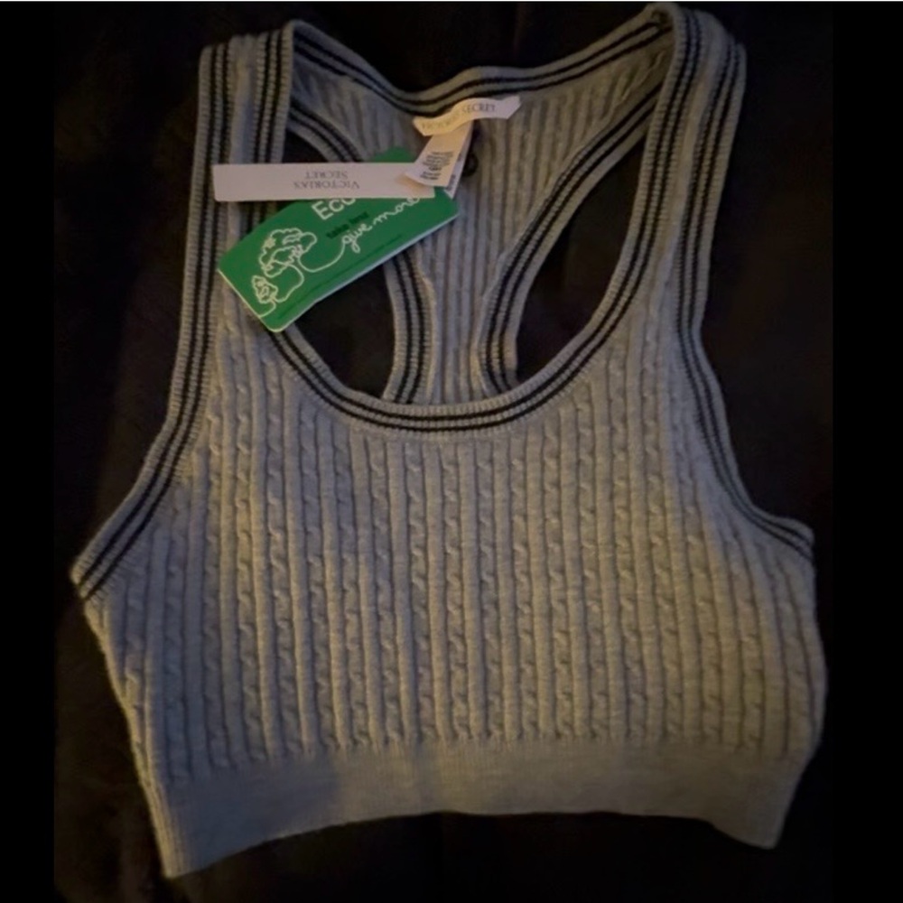 Victoria's Secret Grey Ribbed Cropped Tank with Black Trim
